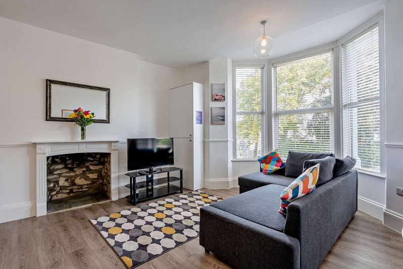 Bright living room with grey sofa, fireplace, TV, patterned rug and large windows