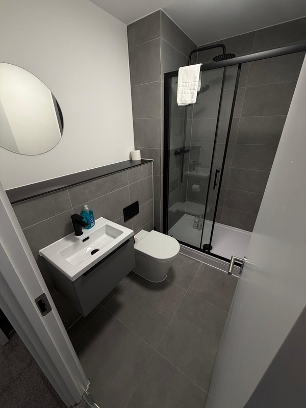 Modern bathroom with walk-in shower, white sink, toilet, and circular mirror