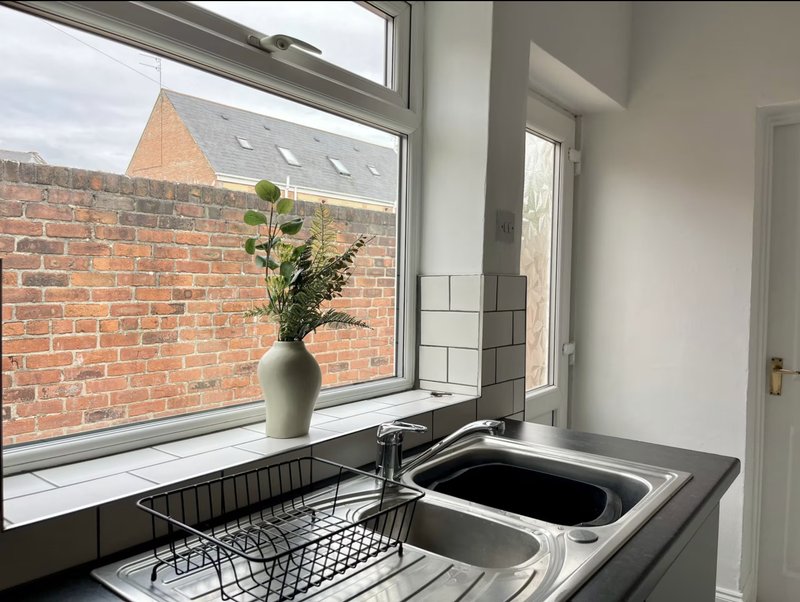 Kitchen sink with window overlooking brick building and potted plant on sill