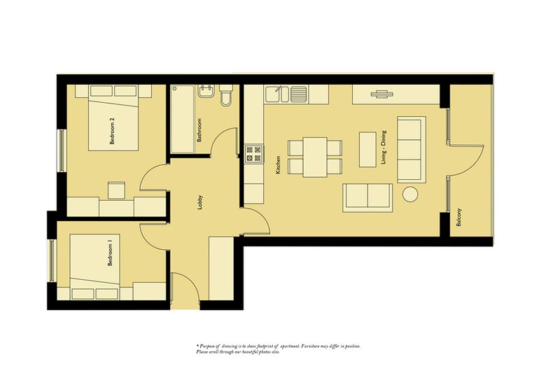Floor plan layout of apartment showing bedrooms, kitchen, living areas and bathroom configuration