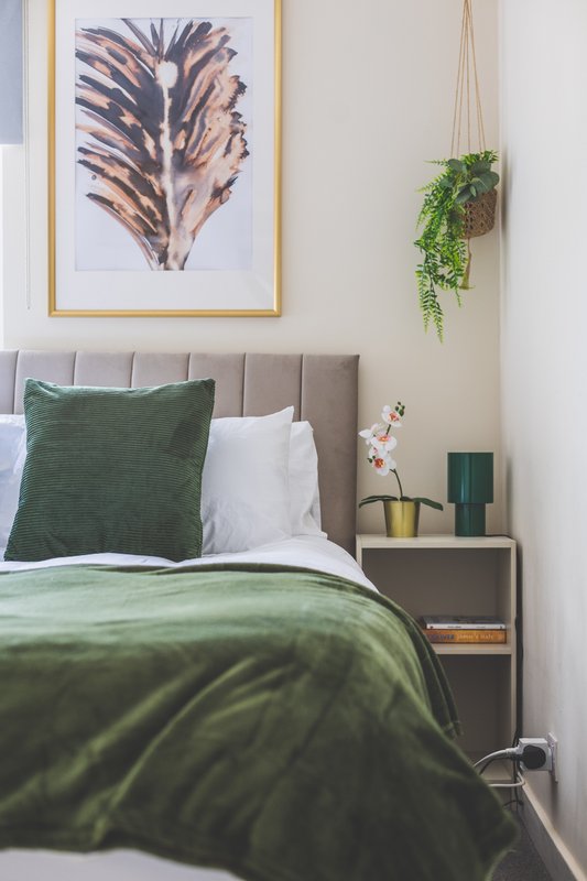 Modern bedroom with green bedding, grey upholstered headboard, wall art and hanging plant