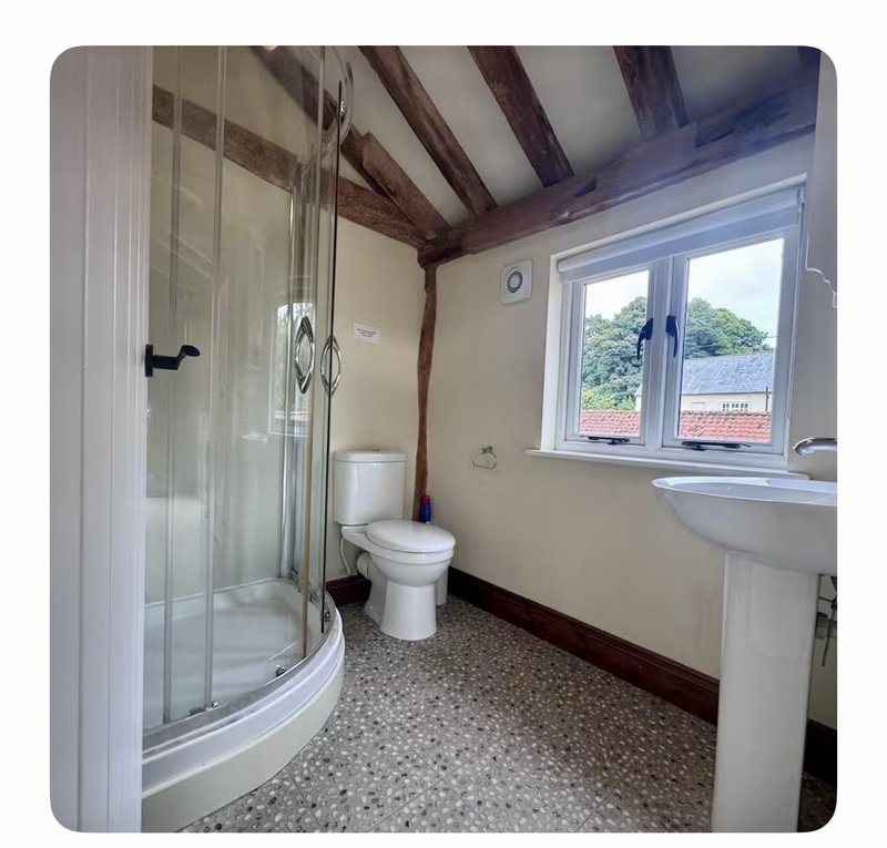 Bathroom with curved shower enclosure, toilet, sink and window with countryside view