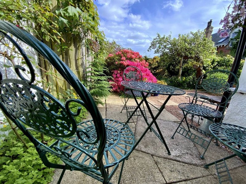 Garden patio with metal furniture, climbing vines, flowering shrubs and trees