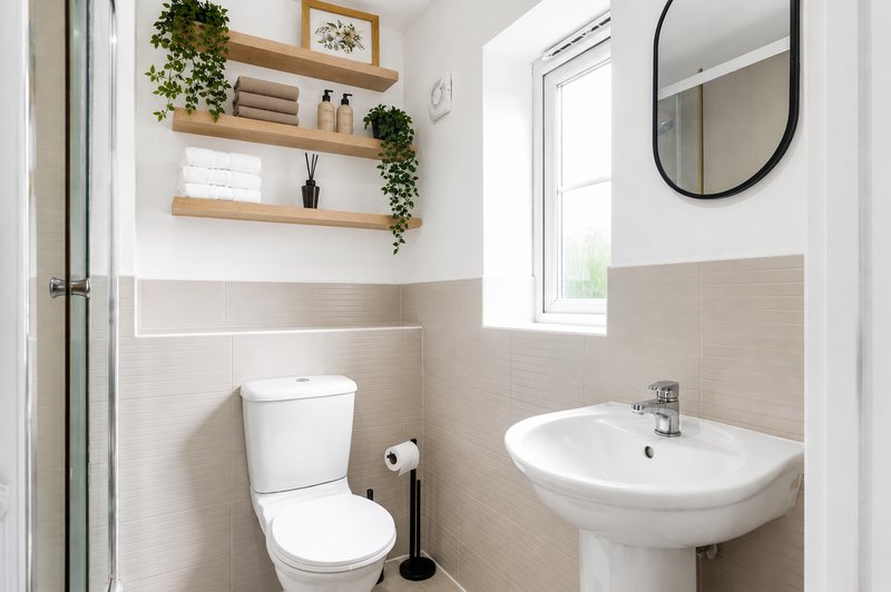 Modern bathroom with toilet, pedestal sink, shower enclosure, wooden shelves and mirror