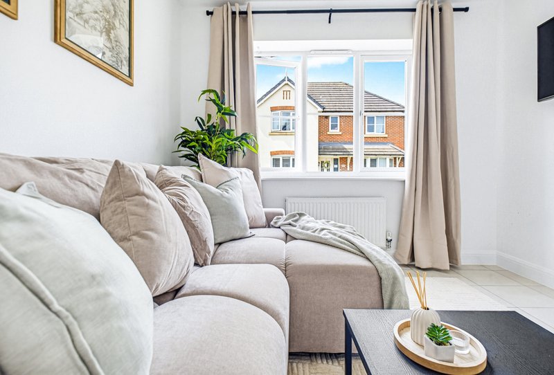 Bright living room with curved grey sofa, cushions, potted plant and window view of neighbouring houses