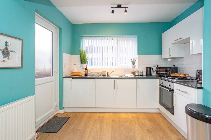 Bright turquoise kitchen with white cabinetry, wooden flooring, and stainless steel appliances