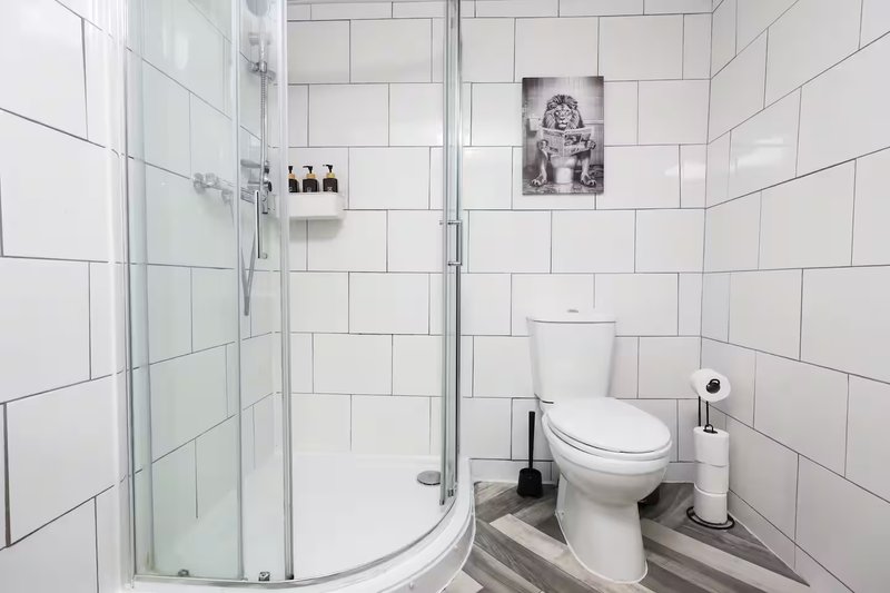 Modern bathroom with white tile walls, curved glass shower enclosure, toilet and toilet roll holder