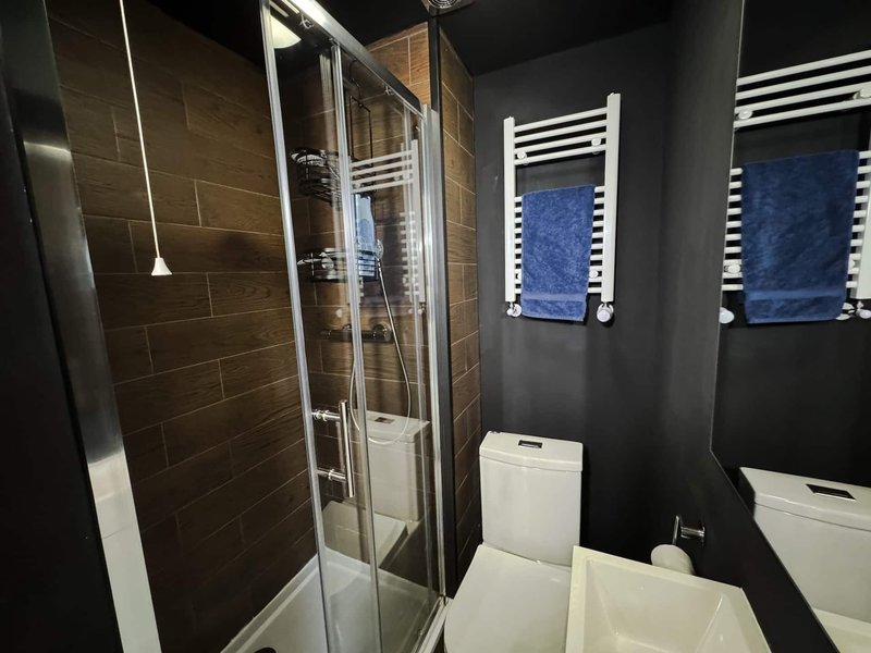 Modern bathroom with walk-in shower, white toilet, heated towel rail and dark tile walls