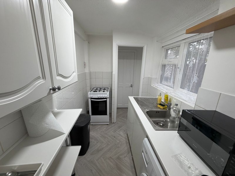 Modern galley kitchen with white cabinetry, gas stove, sink, and window overlooking garden