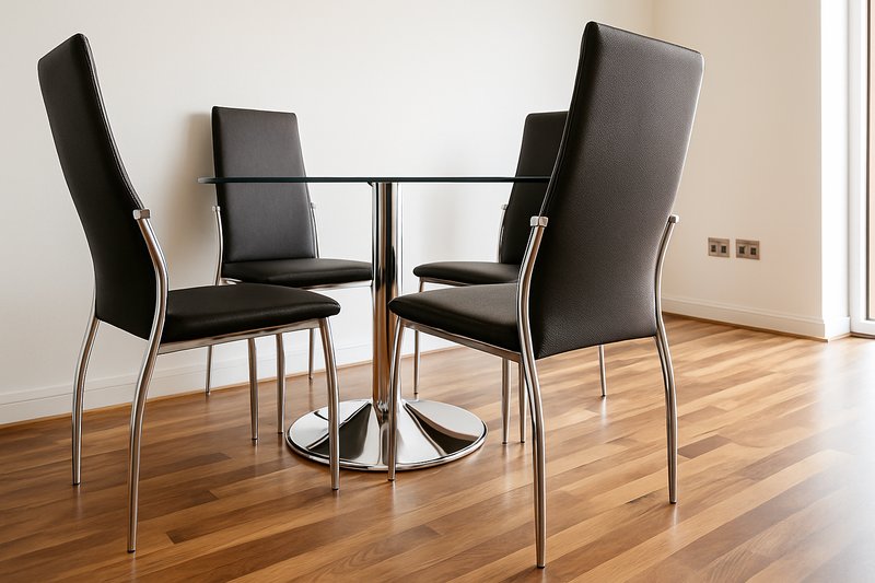 Dining area with round glass table, four black chairs, wooden floor and white walls