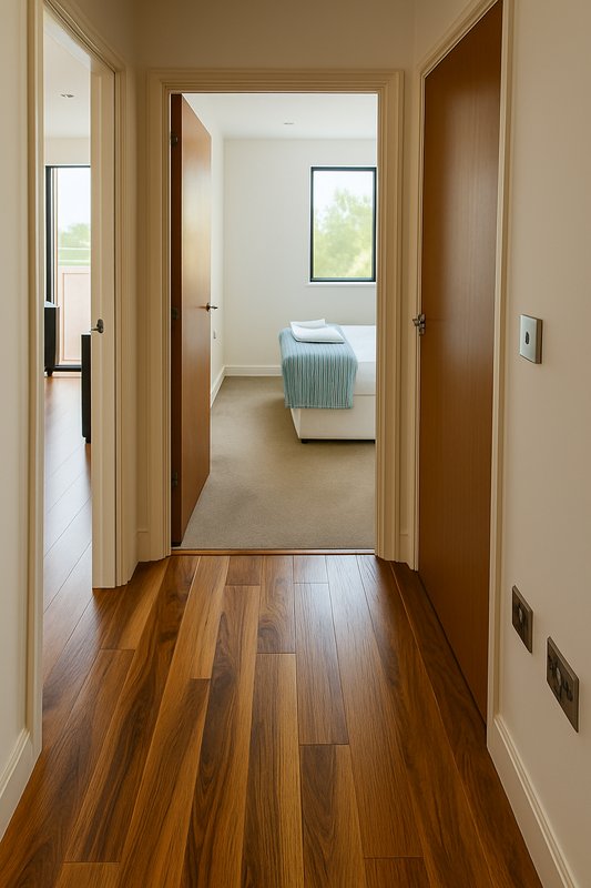 Hallway with wooden flooring, open doorways leading to bathroom and bedroom areas