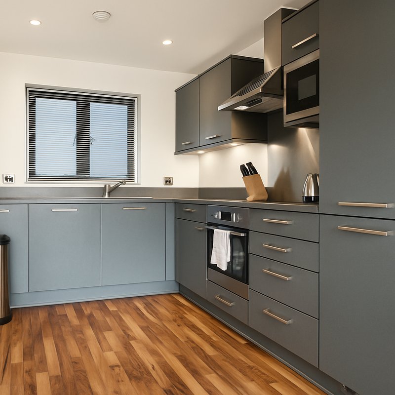 Modern kitchen with grey cabinetry, wooden flooring, integrated appliances and window
