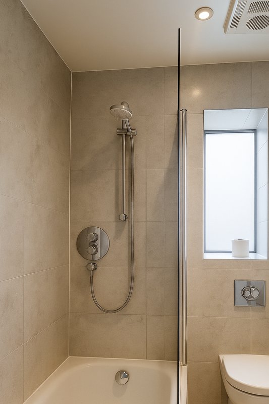Modern bathroom with walk-in shower, rainfall showerhead and glass partition wall
