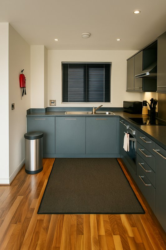 Modern kitchen with blue cabinetry, wooden flooring, stainless steel appliances and sink