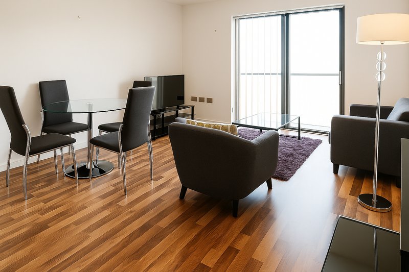 Modern open-plan living area with black chairs, wooden flooring, armchair and floor lamp
