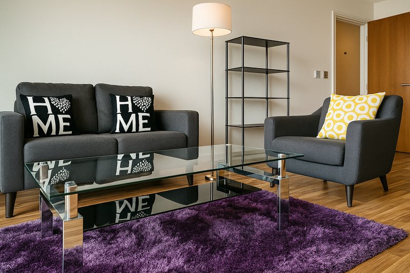 Modern living room with dark grey sofa, armchair, glass coffee table, purple rug and floor lamp