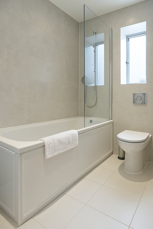 Modern bathroom with bathtub, glass shower screen, toilet and window