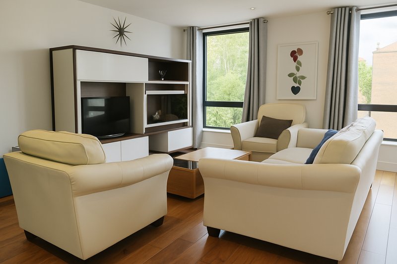 Modern living room with cream leather sofas, TV unit, wooden floor and large windows