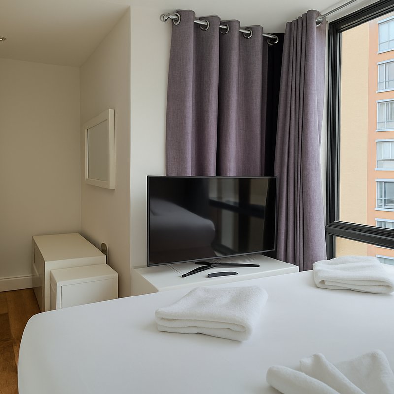 Modern bedroom with double bed, flat-screen TV, grey curtains and city view from window