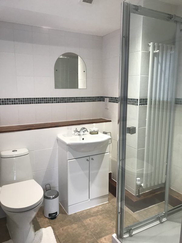 Clean bathroom with white toilet, pedestal sink, arched mirror, and enclosed shower cubicle