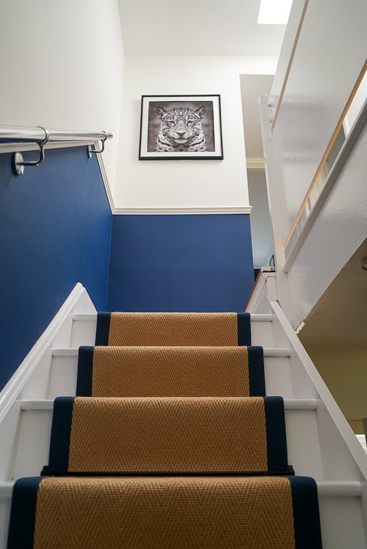 Staircase with tan carpet runner, blue and white walls, framed artwork