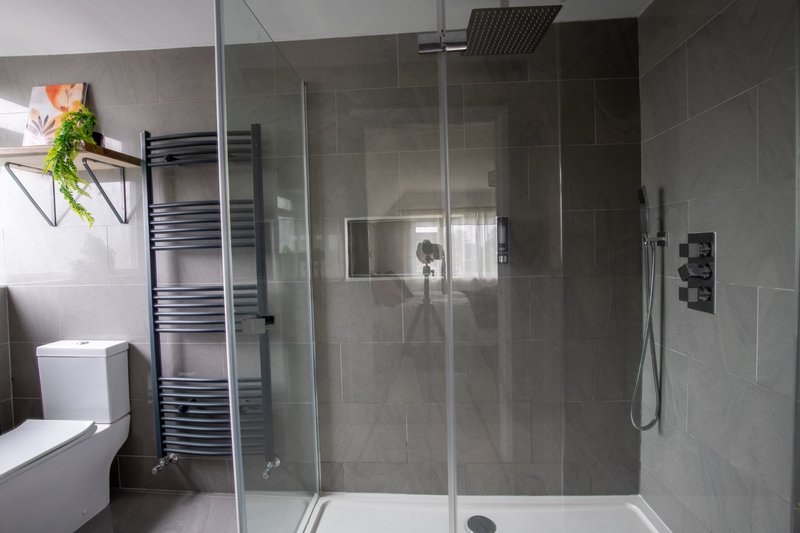 Modern bathroom with walk-in shower, heated towel rail, toilet and potted plants.
