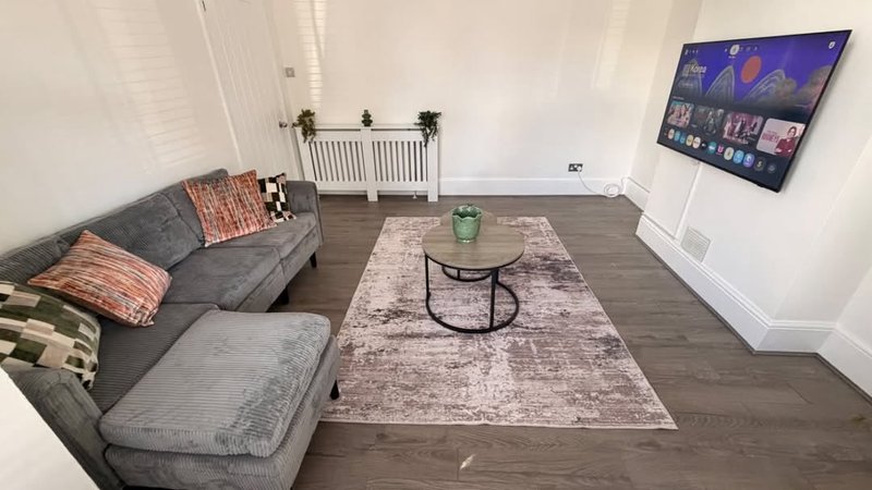 Living room with gray sectional sofa, coffee table, area rug, and wall-mounted TV