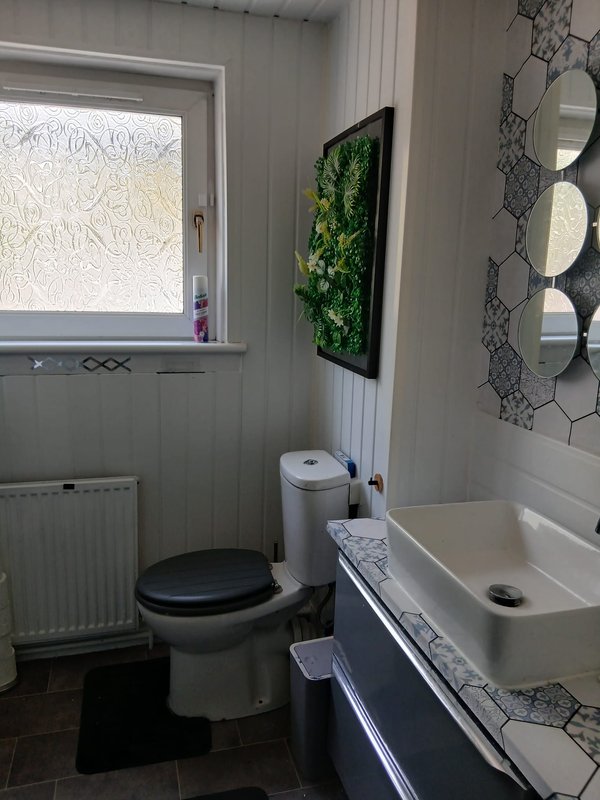 Bathroom with toilet, sink, window, radiator and decorative wall art