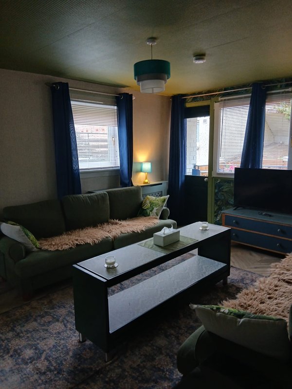 Living room with dark green sofa, coffee table, pendant light, and blue curtains