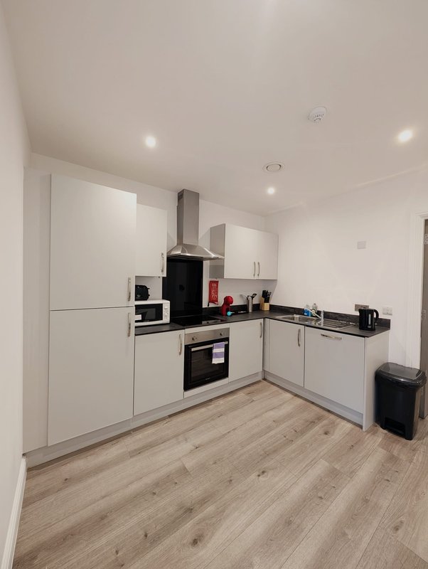 Modern kitchen with white cabinetry, black countertop, integrated appliances and wooden flooring