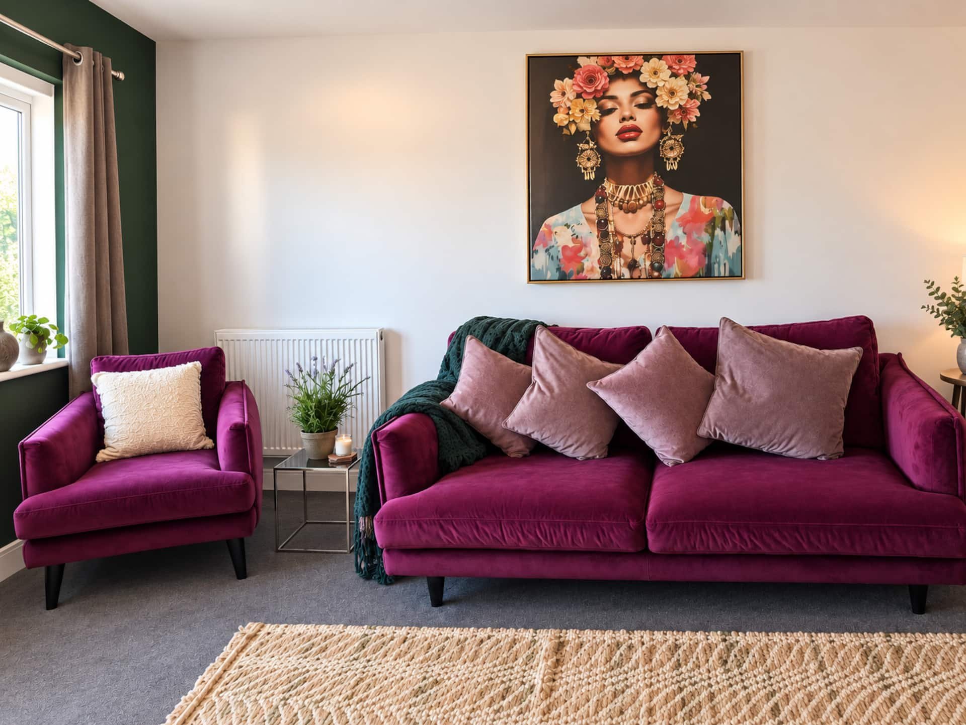 Living room with magenta velvet sofa and armchair, decorative cushions, and framed wall art