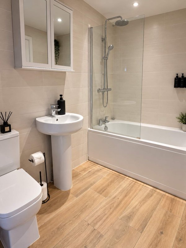 Modern bathroom with pedestal sink, toilet, bathtub with shower enclosure and wooden flooring