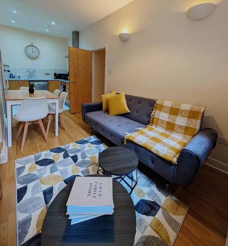 Open-plan studio with sofa, dining table, kitchenette, and geometric floor rugs