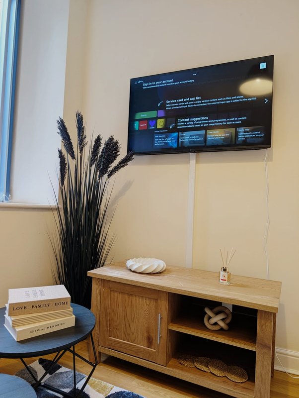 Living room with wall-mounted TV, wooden media console, decorative black dried grasses, and stack of books