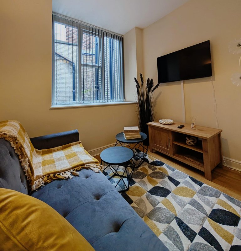 Living room with blue sofa, wall-mounted TV, wooden TV stand, patterned rug and large window