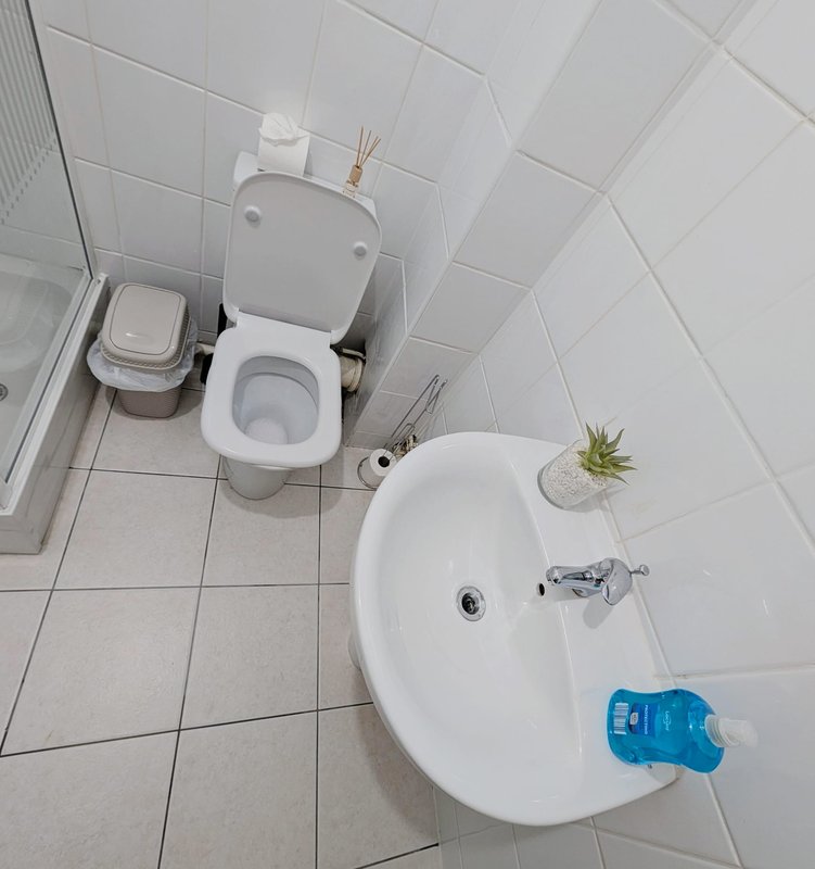 Clean bathroom with white toilet, round sink, tiled walls and small potted plant