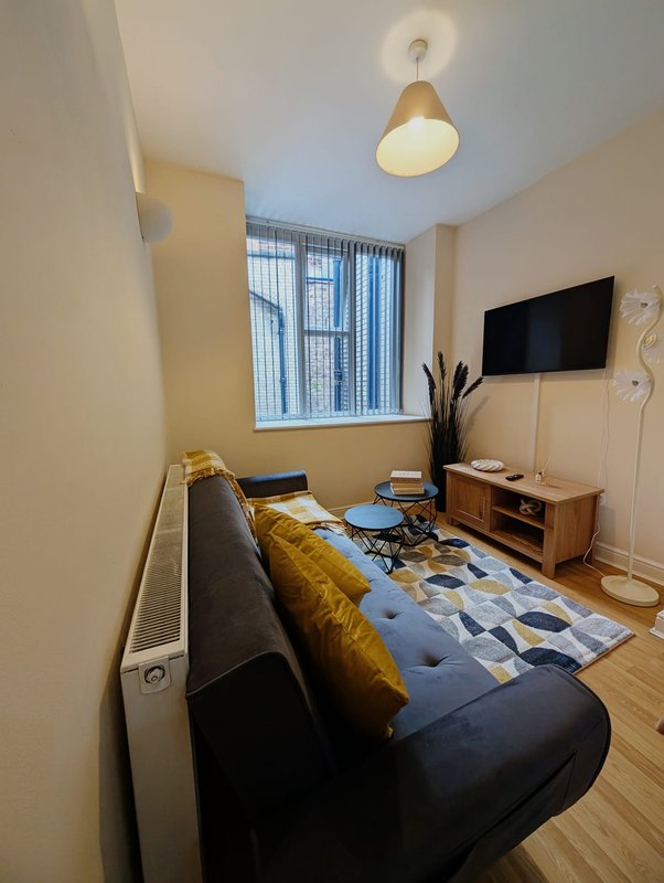 Compact bedroom with single bed, wall-mounted TV, wooden floor and pendant light