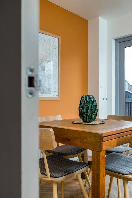 Dining area with wooden table, chairs, potted cactus, and orange accent wall