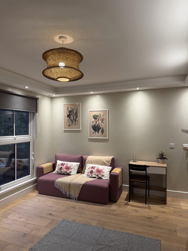 Modern living room with burgundy sofa, decorative pendant light, framed artwork, and wooden flooring