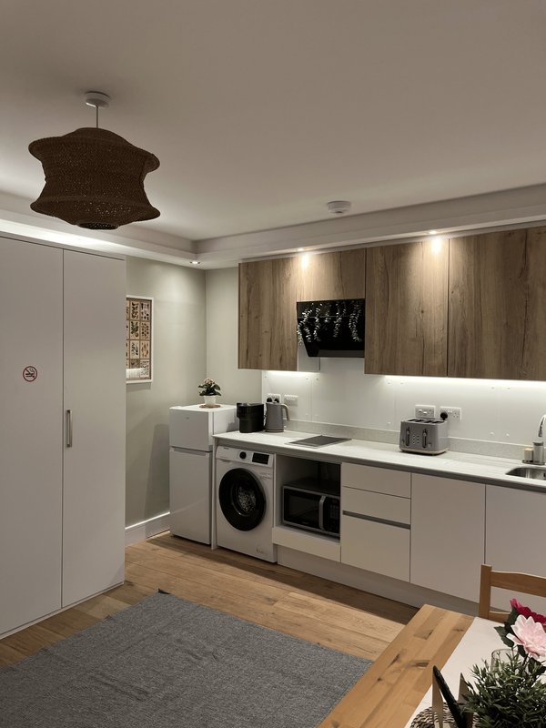 Modern kitchen with white cabinetry, integrated appliances, wooden accents and pendant light