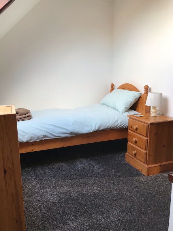 Bedroom with single wooden bed, blue bedding, bedside table with lamp and dark carpet flooring