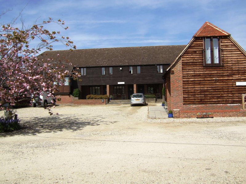 Modern brick and wood-clad residential building with driveway, parking area and flowering shrub