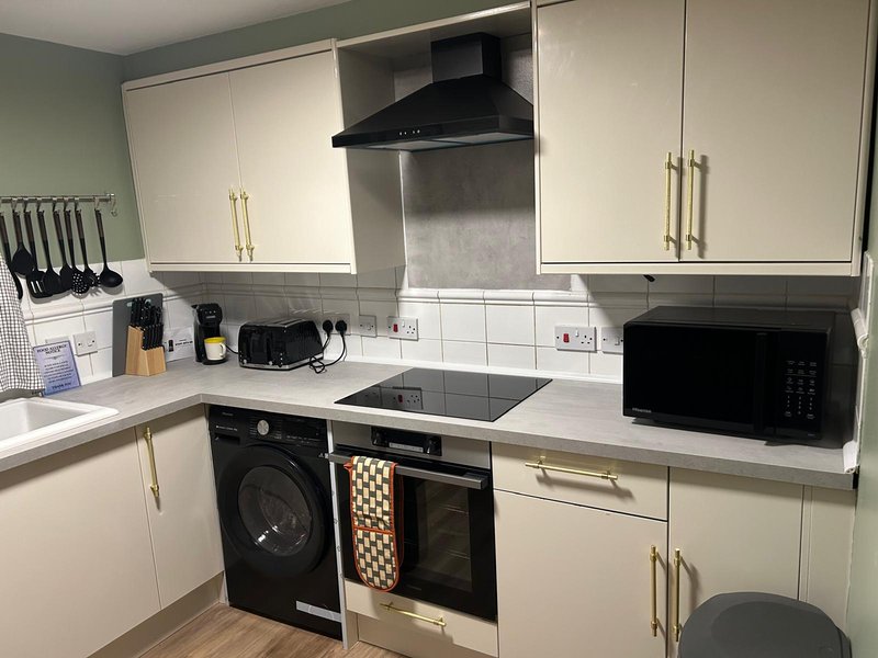 Modern kitchen with white cabinets, black appliances, induction hob, and stainless steel backsplash
