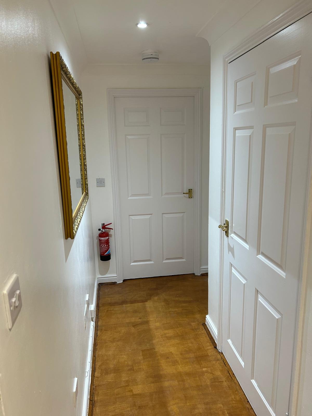 Hallway with white six-panel doors, wooden floor, framed mirror and fire extinguisher