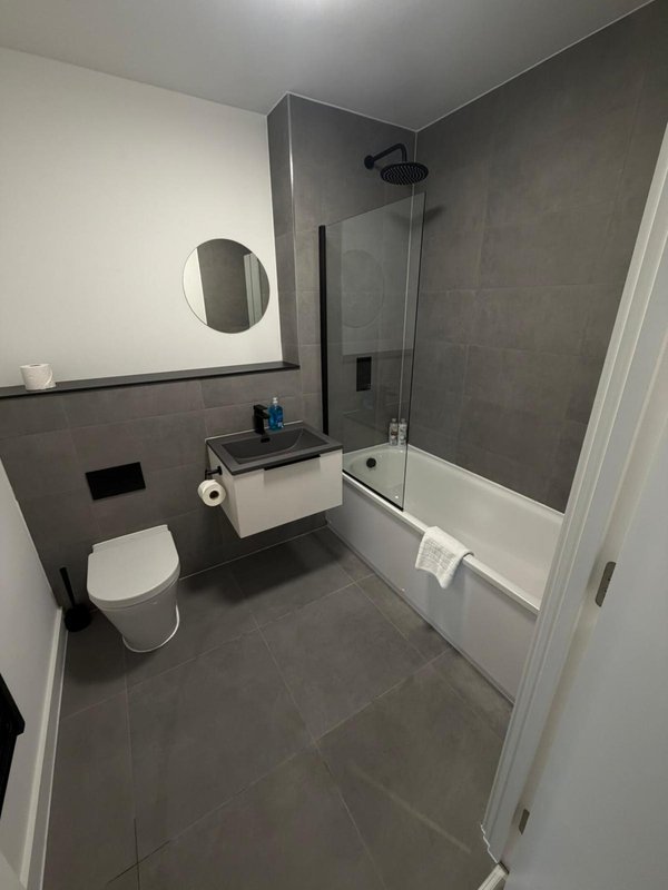 Modern bathroom with toilet, vanity sink, round mirror and walk-in shower enclosure