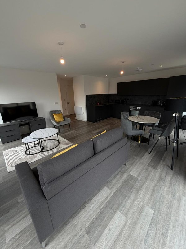 Open-plan living room with grey sofa, TV, kitchen area, and dining table