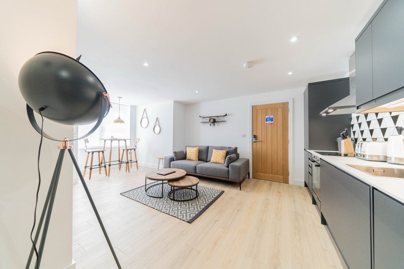 Open-plan living area with kitchen, dining counter, sofa, and modern floor lamp