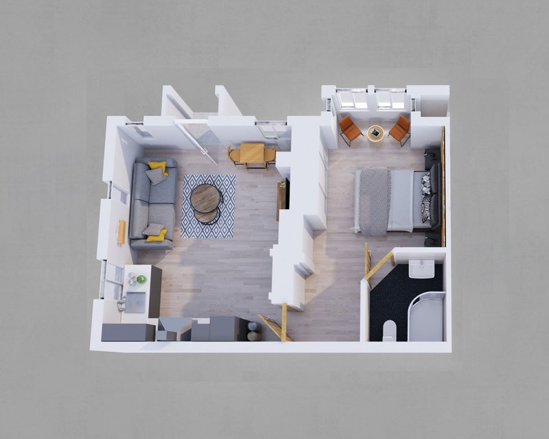 Overhead floor plan view of a one-bedroom apartment with living area, kitchen, and bathroom
