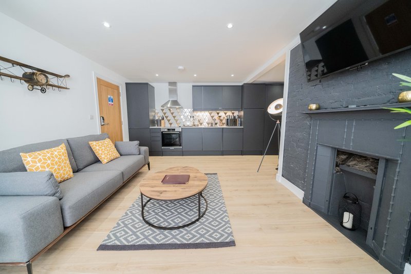 Modern open-plan living room with gray sofa, kitchen, fireplace and wooden flooring