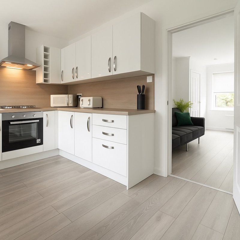 Modern kitchen with white cabinetry, wooden worktop, stainless steel appliances and open-plan living area